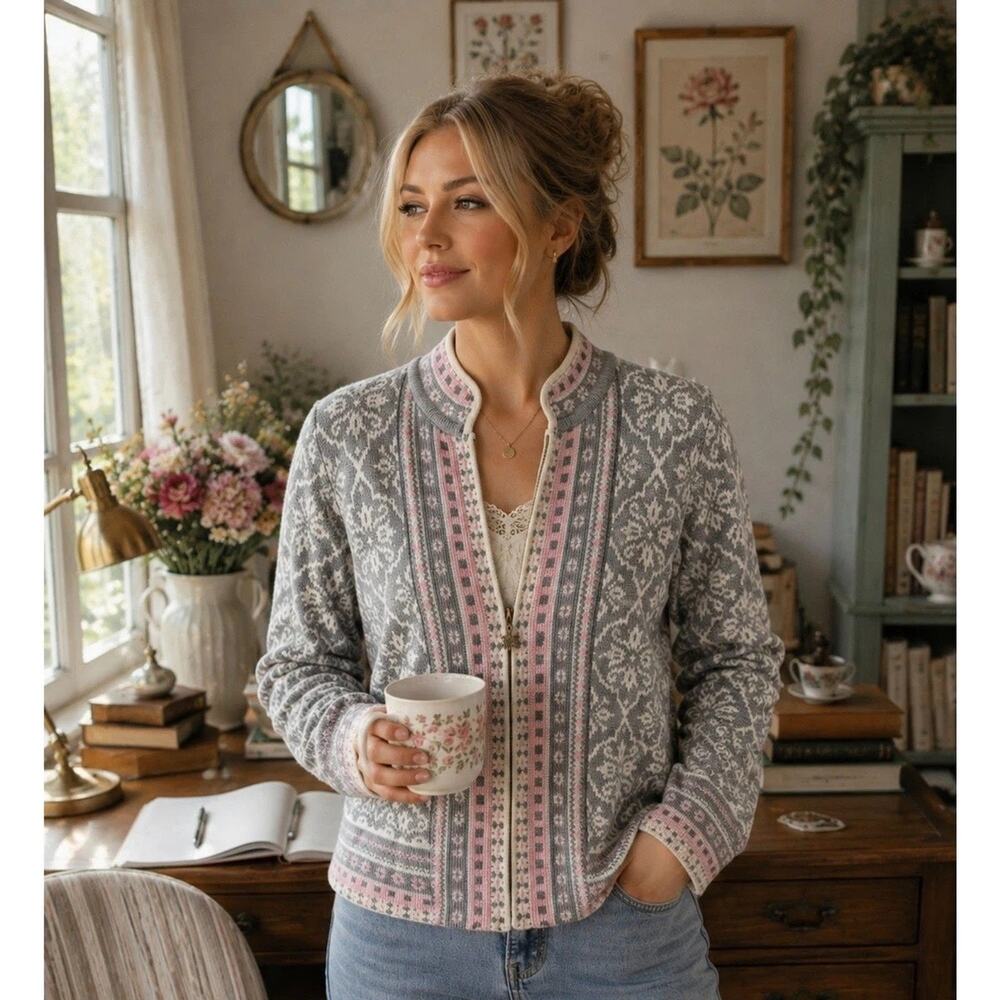 Appleseeds Oslo Full-Zip Cardigan / Mock Neck Knit Jacket in Grey/Pink Large